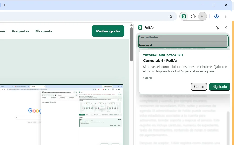 Chrome con el icono de FoliAr y la biblioteca abierta como panel lateral
