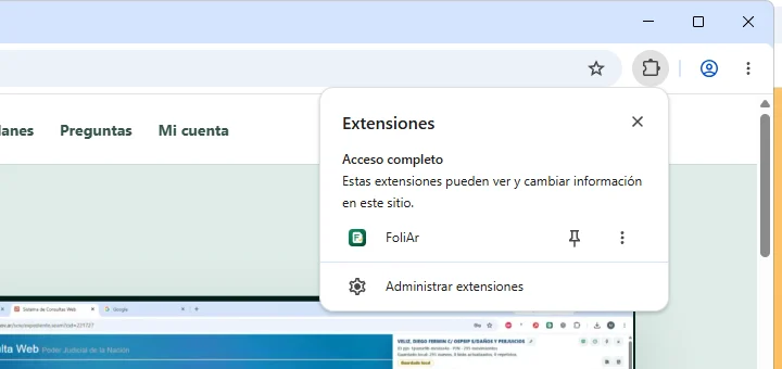 Menu de extensiones de Chrome con FoliAr y el boton para fijarlo