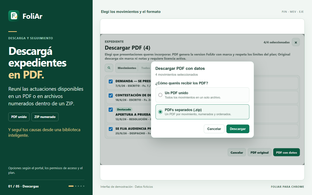 FoliAr: selecci&oacute;n de movimientos y ventana de entrega en PDF unido o archivos separados en ZIP, con datos ficticios