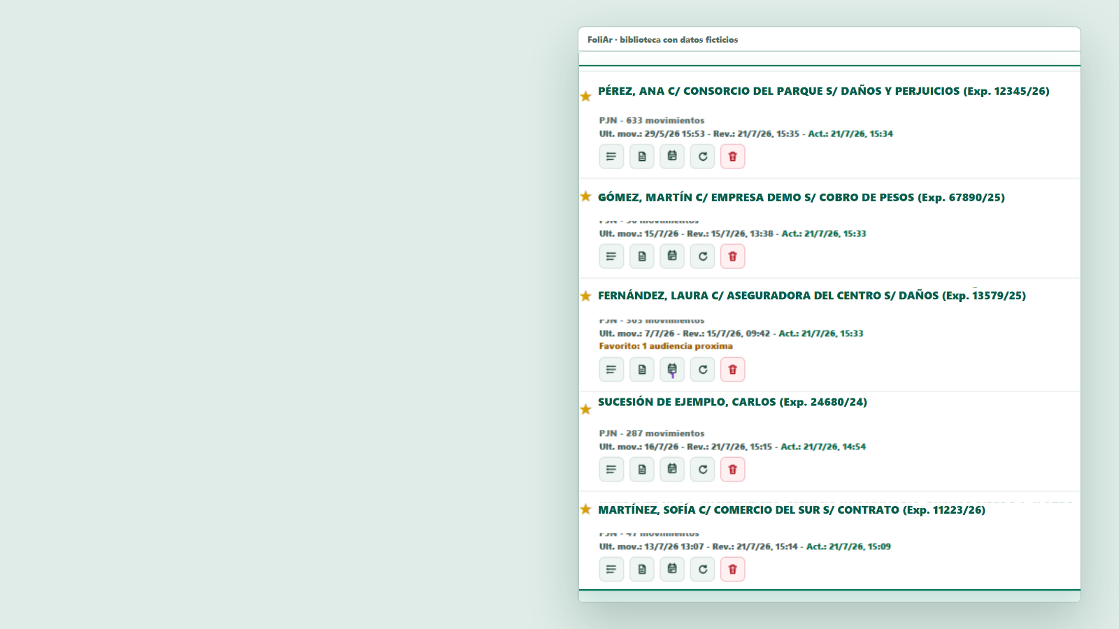 Biblioteca de expedientes de FoliAr con datos ficticios